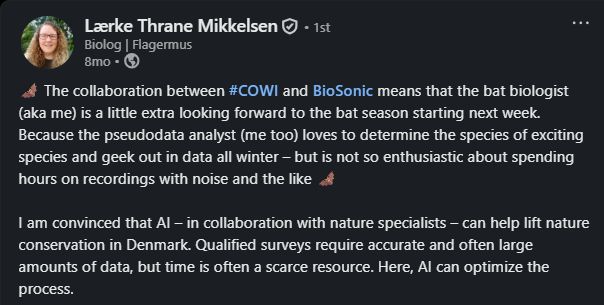 Lærke Thrane Mikkelsen LinkedIn post about COWI and BioSonic