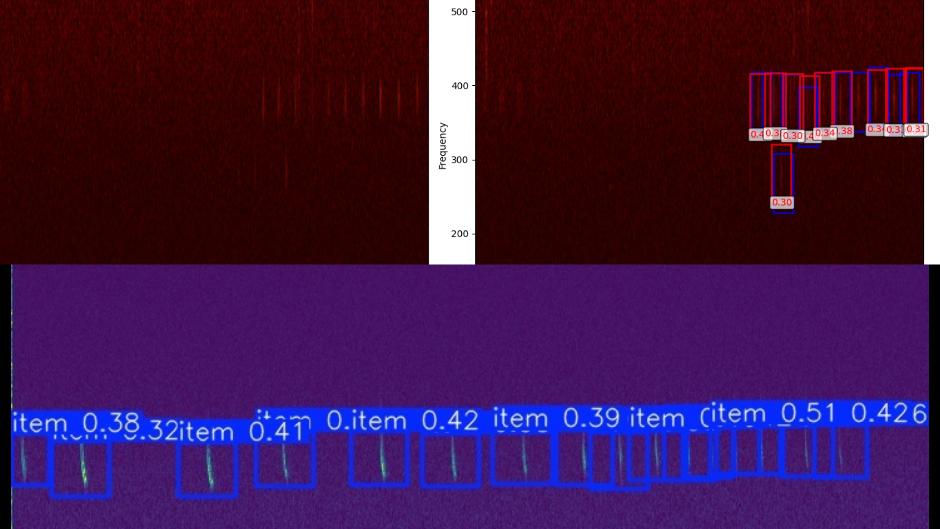 AI bounding boxes detecting bat species on a spectrogram